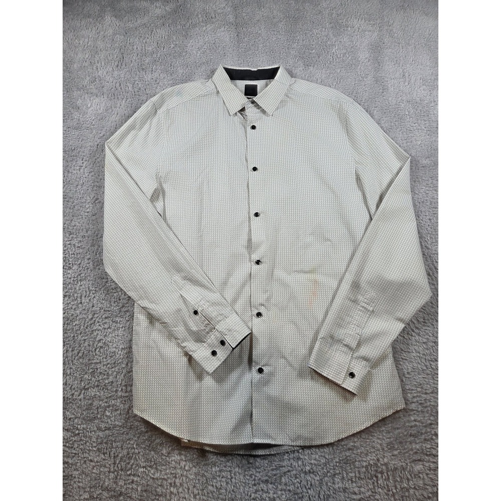 H&M Mens Geometric Micro Print Long Sleeve Button Down Shirt White‎ Black